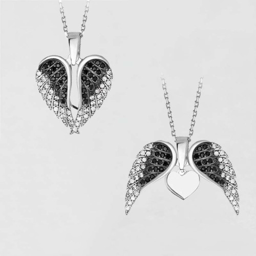 2PCS Angel Wings Colourful Heart Diamond Necklace Earring Pendant Jewelry Set Gift For Mom
