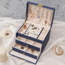 Three Layer Leather Drawer Jewelry Box with Lock For Girls and Women