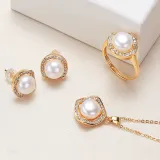 Jewelry Freshwater Pearl Diamante Pendant Necklace and Ring Earrings Set