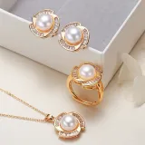 Jewelry Freshwater Pearl Diamante Pendant Necklace and Ring Earrings Set