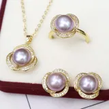 Freshwater Pearl Clover Diamante Necklace Ring and Earrings Jewelry Set Gift For Mother's Day