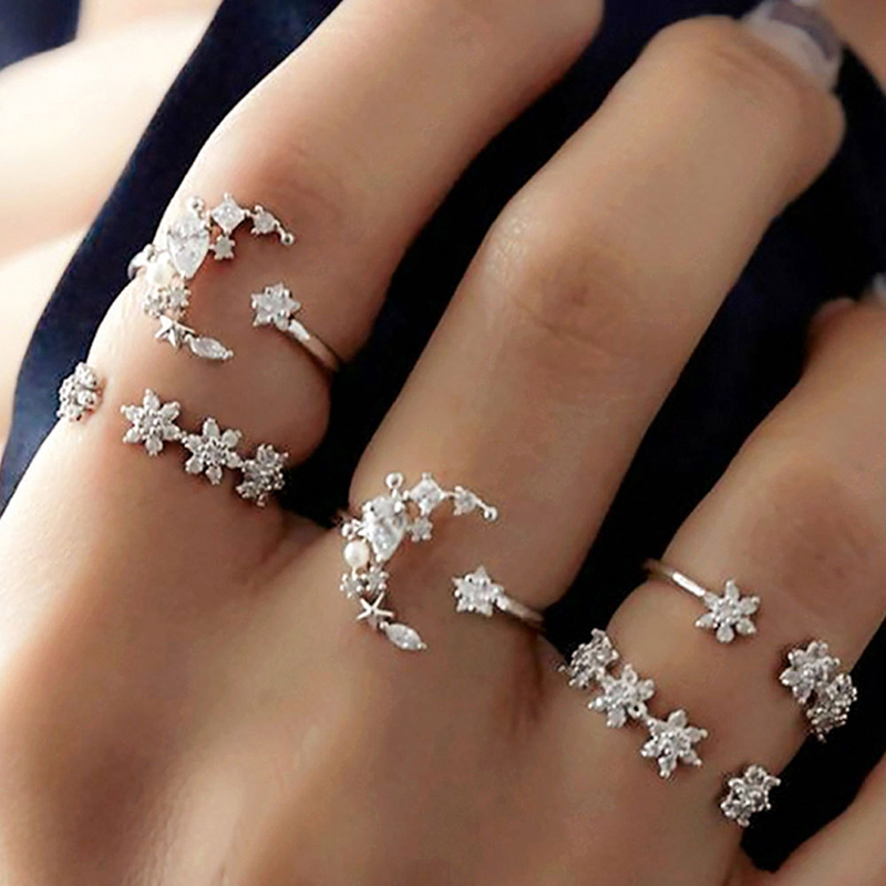 Diamond Star Moon Flowers Leaves Bohmian Diamante Adjustable Stackable Crystal Finger Rings Set