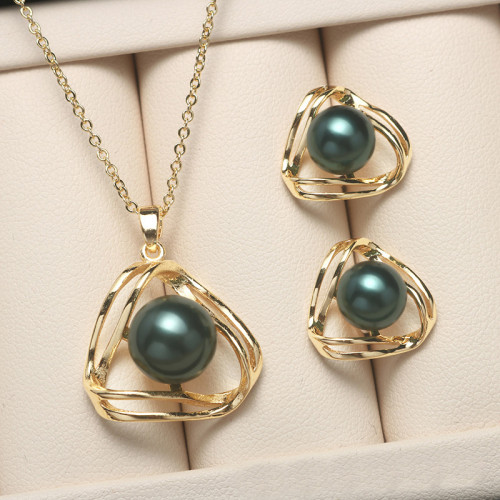Mother's Day Gift Jewelry Geometry-Shaped Pearl Necklace and Earring Set with Box