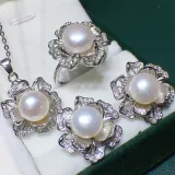 Mother's Day Gift Freshwater Pearl Flower Diamante Necklace Ring and Earrings Jewelry Set