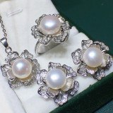 Mother's Day Gift Freshwater Pearl Flower Diamante Necklace Ring and Earrings Jewelry Set