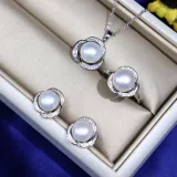 Freshwater Pearl Clover Diamante Necklace Ring and Earrings Jewelry Set Gift For Mother's Day