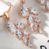 2PCS Leaf Diamond Earring Necklace Jewelry Set Crystal Gift For Women Girls