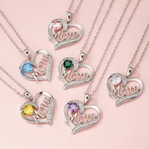 Mom Letter Sterling Silver Love Heart Pendant Necklace Birthstones Jewelry Diamond For Mother's Day