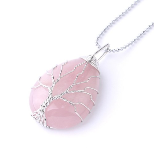 Drop-shaped Natural Crystal Stone Silver Tree of Life Chain Jewelry Necklace