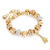 Women's Golden Eiffel Tower Love Heart Zircon Crystal Charm Chain Jewelry Bracelet