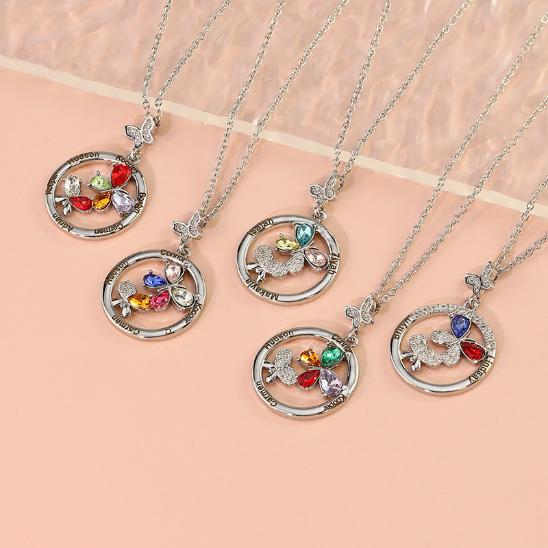 DIY Round Butterfly Birthstones Necklace with Name Engraved Custom Gift For Mom Friends