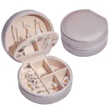 Circular Zipper Type PU Leather Jewelry Box with Mirror For Girls and Women