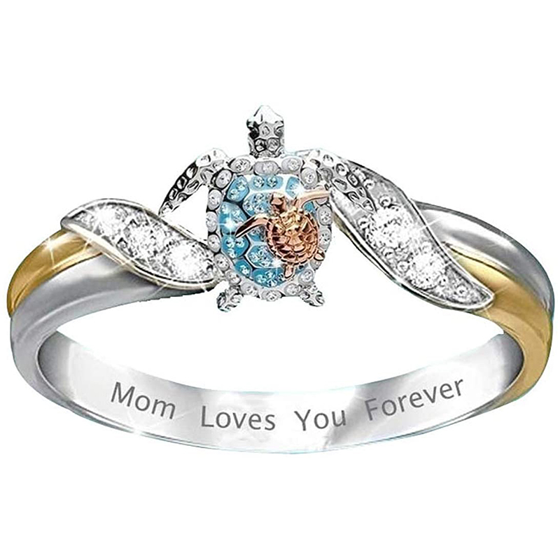 Turtle Ring Mom Loves You Forever Crystal Animals Best Gifts With Box for Mom