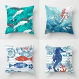 4PCS Home Cotton Decorative Ocean Mermaid Throw Pillow Case Cushion Covers For Sofa Couch Bed Chair