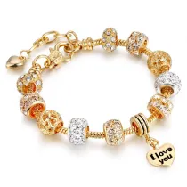 Women's Golden Alloy I Love You Heart Crystal Charm Chain Jewelry Bangles Bracelet