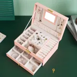 Two Layers Drawer Jewelry Box Storage Box with Mirror For Girls and Women
