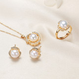 Jewelry Freshwater Pearl Diamante Pendant Necklace and Ring Earrings Set