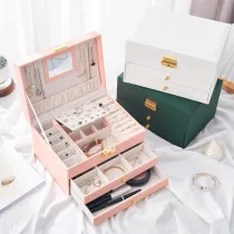 Two Layers Drawer Jewelry Box Storage Box with Mirror For Girls and Women