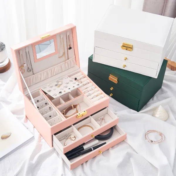 Two Layers Drawer Jewelry Box Storage Box with Mirror For Girls and Women
