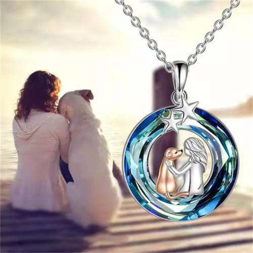 Necklace Pendant Silver with Blue Circle Crystal Jewelry With Dog