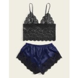 Women's Lace Camisole Bowknot Shorts Pajamas Simulation Silk Home Service Sexy Underwear