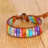 Handmade Bohemian Natural Stones Sunflower Button Adjustable Leather Bracelet for Women and Girls
