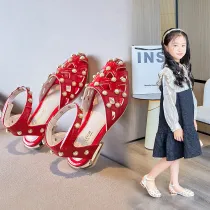 Kid Girl Hollowed Out Pearls Velcro Sandals Shoes
