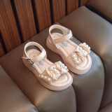 Kid Girl Open-Toed Pearl Lace Soft Bottom Velcro Sandals Shoes