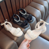 Kid Girl Open-Toed Pearl Bowknot Gauze Soft Bottom Velcro Sandals Shoes