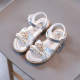 Kid Girl Open-Toed Pearl Crown Soft Bottom Velcro Sandals Shoes