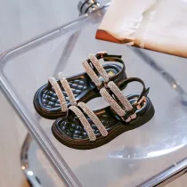 Kid Girl Rhinestone Pure Color Soft Bottom Velcro Sandals Shoes