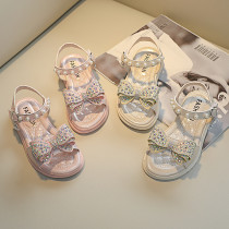 Kid Girl Open-Toed Rhinestone Bowknot Pearl Soft Bottom Velcro Sandals Shoes
