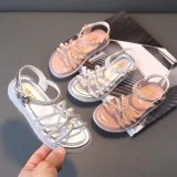 Kid Girl Open-Toed Rhinestone Weave Hollowed Out Velcro Sandals Shoes