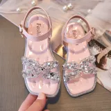 Kid Girl Open-Toed Bright Drill Soft Bottom Velcro Sandals Shoes