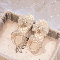 Kid Girl Open Toed Crystal Sequins Bowknot Velcro Sandals Shoes
