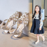 Kid Girl Hollowed Out Pearls Velcro Sandals Shoes