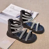 Kid Girl Open-Toed Rhinestone High Gang Soft Bottom Zipper Sandals Shoes