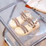 Kid Girl Rhinestone Pure Color Soft Bottom Velcro Sandals Shoes