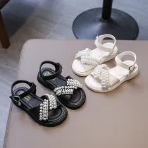 Kid Girl Open-Toed Pearl Soft Bottom Velcro Sandals Shoes