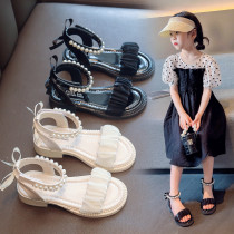 Kid Girl Open-Toed Pearl Bowknot Gauze Soft Bottom Velcro Sandals Shoes