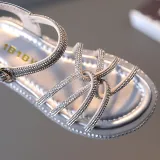Kid Girl Open-Toed Rhinestone Weave Hollowed Out Velcro Sandals Shoes