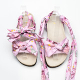 Kid Girl Pink Flowers Lace Up Bowknot Sandals Shoes