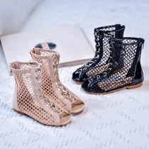 Kid Girl Hollowed Out Lace Up Zipper Sandals Boot Shoes