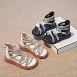 Kid Girl Open-Toed Rhinestone High Gang Soft Bottom Zipper Sandals Shoes