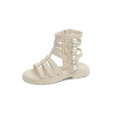 Kid Girl Open Toed Pearls Gladiator Cut Out Zipper Sandals Shoes