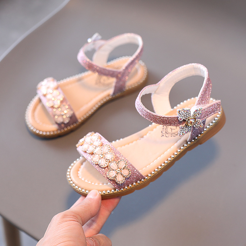 Kid Girl Open-Toed Rhinestone Flowers Soft Bottom Velcro Sandals Shoes