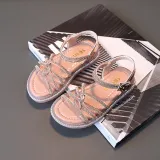 Kid Girl Open-Toed Rhinestone Weave Hollowed Out Velcro Sandals Shoes