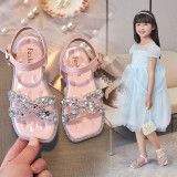 Kid Girl Open-Toed Bright Drill Soft Bottom Velcro Sandals Shoes