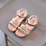 Kid Girl Open-Toed Pearl Crown Soft Bottom Velcro Sandals Shoes