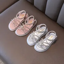 Kid Girl Open-Toed Rhinestone Weave Hollowed Out Velcro Sandals Shoes